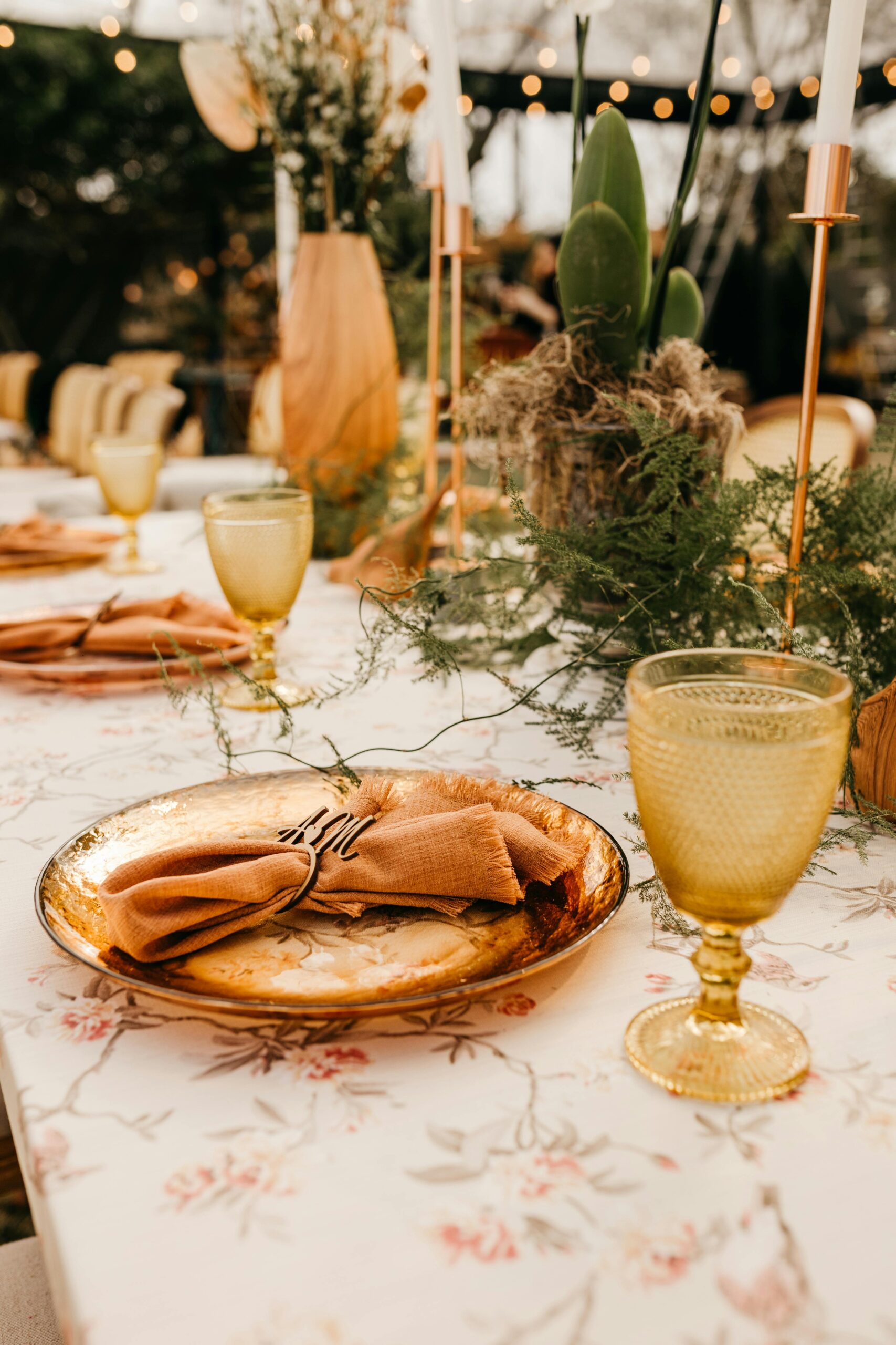 gold and green decor for wedding reception